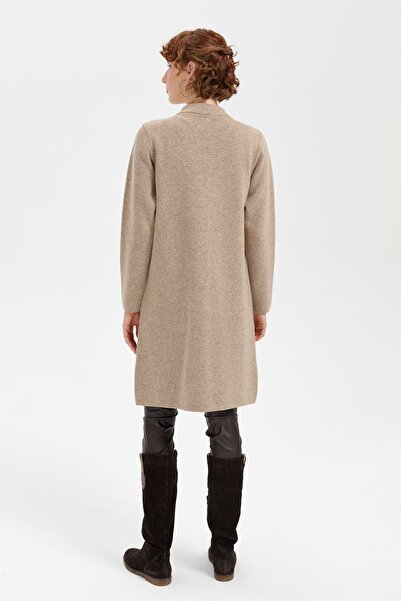 Desen Triko Beige Women's Long Wool Cardigan with Stand Collar and Embroidered Pocket