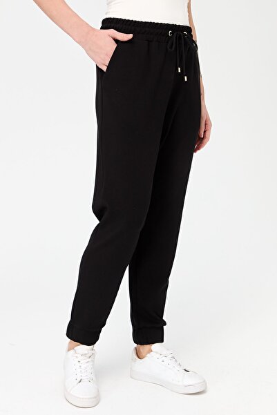 Desen Triko Kadın Paça Arkası Lastikli Cepli Eşofman Pantolon Siyah