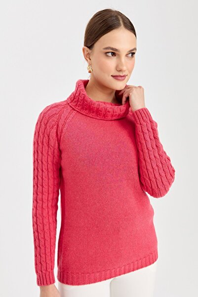 Desen Triko Kadın Degaje Yaka Kolu ve Yakası Saç Örgü Yün Kazak Y.Ş.Pembe