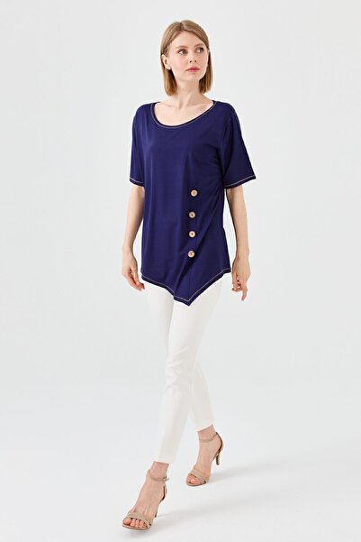 Desen Triko Γυναικείο μπλουζάκι με λαιμόκοψη με ξύλινο κουμπί μπροστά, χτενισμένο βαμβακερό μπλουζάκι Navy Blue