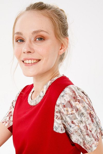 Desen Triko Women's Crew Neck Low Sleeve Floral Printed Combed Cotton Blouse Red