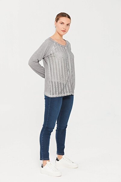 Desen Triko Γυναικείο μπουφάν με φερμουάρ με λαιμόκοψη σε γκρι χτενισμένο βαμβακερό