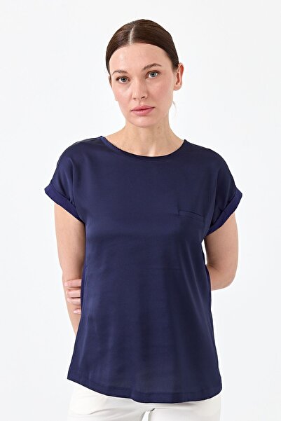 Desen Triko Bluză de damă din satin cu mânecă scurtă în față, albastru bleumarin