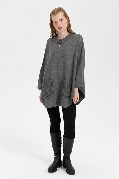 Desen Triko Gray Melange Women's Poncho - Stand Collar, Pocket Rose Embroidered, Zippered Short Poncho
