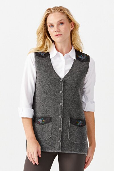 Desen Triko Women's V-Neck Shoulder Pocket Cover Felt Embroidered Buttoned Vest Smoked