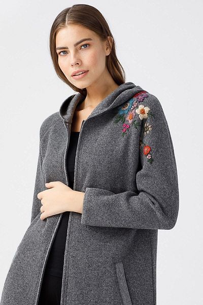 Desen Triko Women's Reglan Sleeve Embroidered Hooded Long Coat Smoked