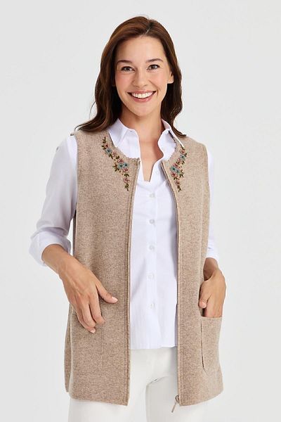 Desen Triko Women's Zero Collar Lace Embroidered Wool Vest Dark Beige