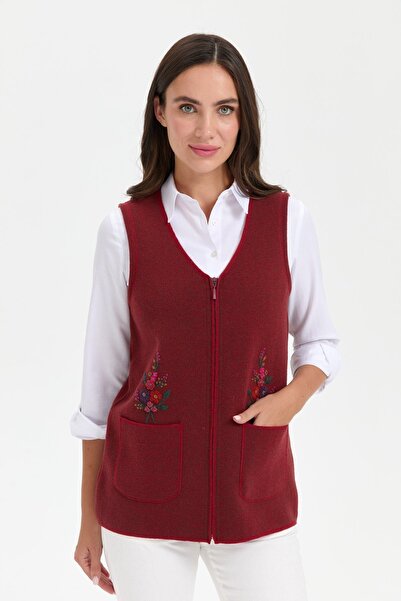 Desen Triko V.red Women's Wool Vest - V-neck, Pocket Top Embroidery