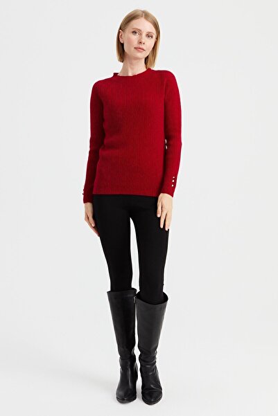 Desen Triko Women's Crew Neck Buttoned Wool Sweater Red.