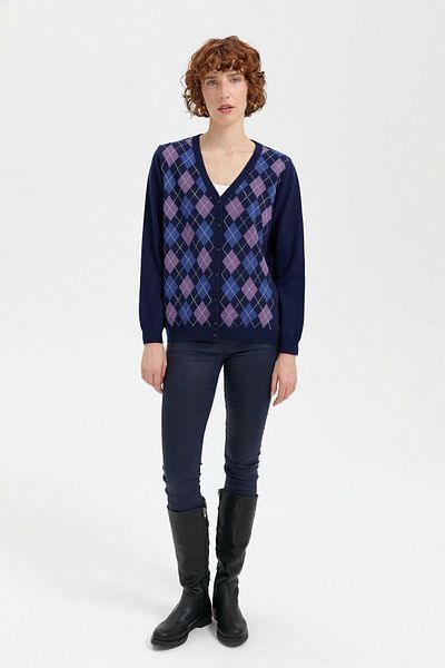 Desen Triko Cardigan de damă bleumarin - decolteu în V, cu fasole în față Y.A