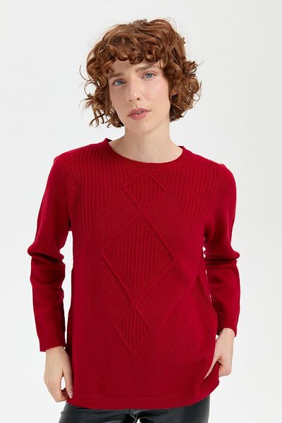 Desen Triko Pulover roșu de lână pentru femei - decolteu, fără cusături, tricot Thessaloniki Argyle