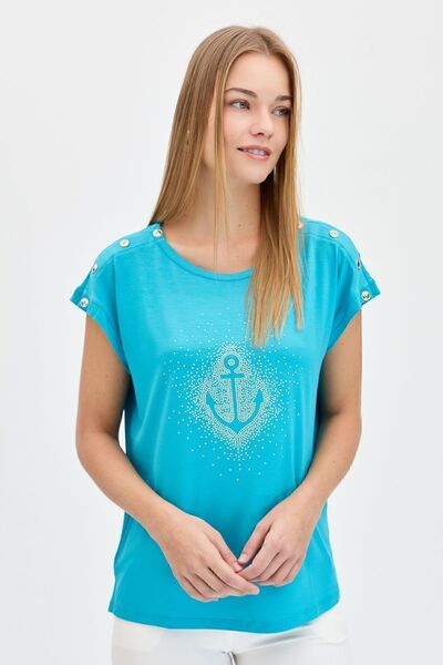 Desen Triko Γυναικείο μπλουζάκι με πέτρινη άγκυρα με λαιμόκοψη μπλε