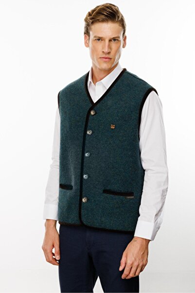 Desen Triko Green Men's Wool Vest - V-Neck and Patterned Lining