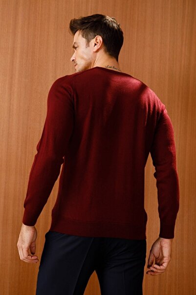 Desen Triko Men's Crew Neck Diamond Patterned Knitwear Sweater Claret Red