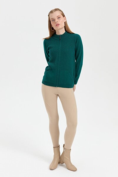 Desen Triko Kadın Dik Yaka Dikişsiz Önü Fermuarlı Yün Hırka K.Ö.başı