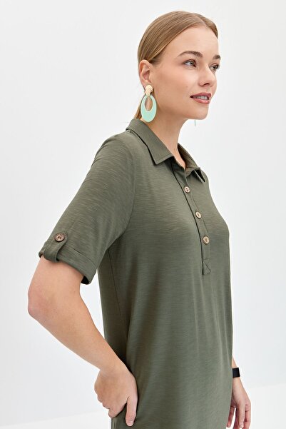 Desen Triko Γυναικείο πουκάμισο γιακά Βαμβακερό Φόρεμα Χακί