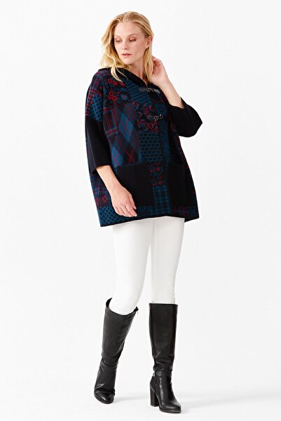 Desen Triko Women's Hooded Patchwork Houndstooth Patterned Three Color Poncho Dark Blue