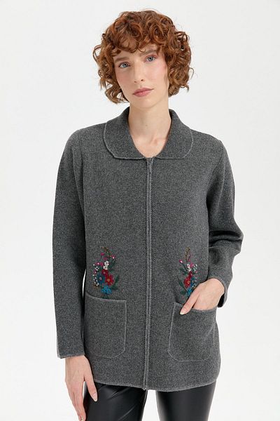 Desen Triko Smoked Women's Polo Collar Embroidered Short Wool Cardigan