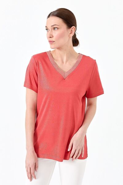 Desen Triko Women's V-Neck Striped Combed Cotton T-shirt Coral