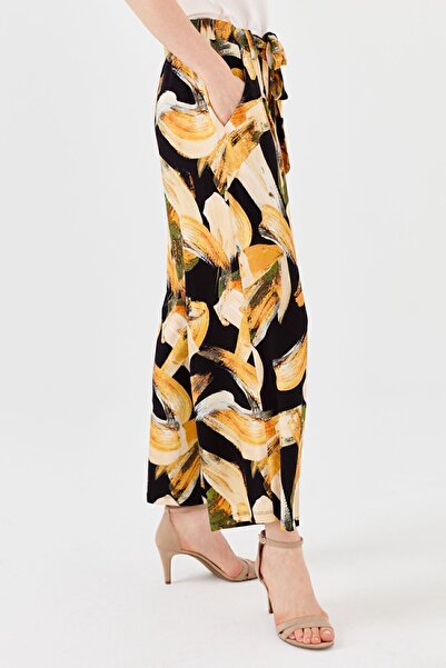 Desen Triko Women's Mixed Patterned Loose Cut Combed Cotton Trousers Mustard