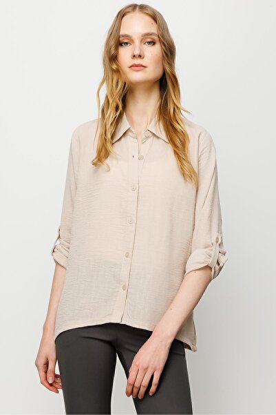 Desen Triko Γυναικείο Φαρδύ Πουκάμισο Μπεζ Μπεζ