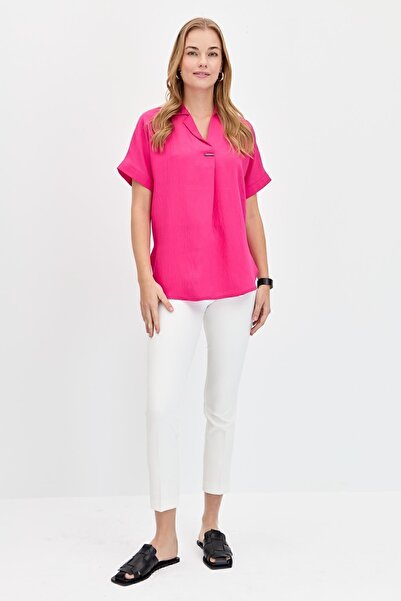 Desen Triko Γυναικεία μπλούζα με αγκράφα μπροστά ροζ