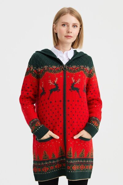 Desen Triko Women's Hooded Deer Patterned Wool Cardigan Coral