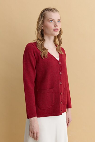 Desen Triko Red V-neck Basic Women's Wool Cardigan