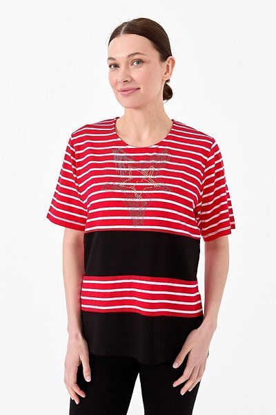 Desen Triko Tricou de damă cu gât roșu, cu dungi în față, din bumbac pieptănat