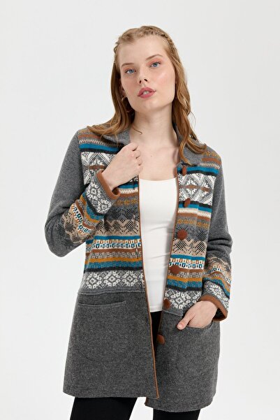 Desen Triko Smoked Women's Polo Neck Felted Wool Cardigan