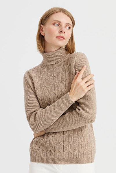 Desen Triko Women's Full Turtleneck Front Loose Wool Sweater Dark Beige