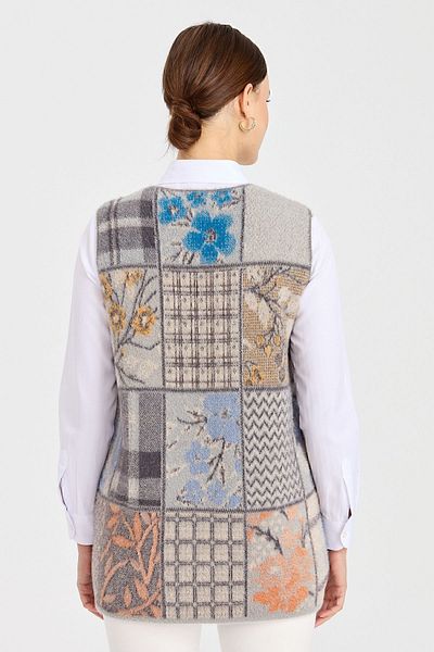 Desen Triko Vestă de damă cu decolteu în V patchwork gri închis