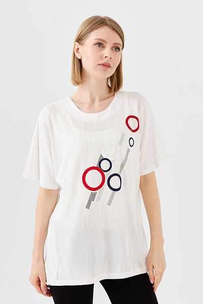 Desen Triko Tricou de damă cu gât turnat cu model din bumbac pieptănat Bone