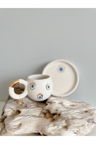 Mugtasarım 24 K Gold Gilded Double Turkish Coffee Cup with Multi-Eye Evil Eye