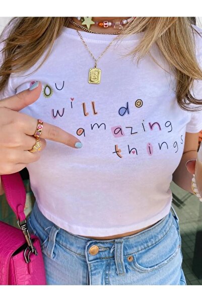 Le Savu Imprimat Sevunera Amazing Things - Crop Top de culoare albă