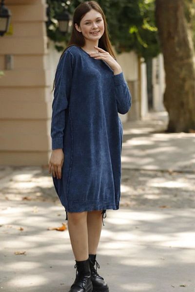 AYASOFYA OTANTIK Indigo Blue Oversize Knitwear Dress - Lace-Up Edge and Slit Detail
