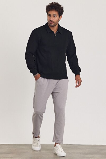 MADZEYMODA Yeni Sezon Erkek Yarım Fermuar Yakalı Siyah Sweatshirt Mz32024