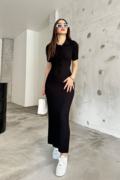 Cistern İstanbul Γυναικείο Πλεκτό Φόρεμα Μαύρο Κορδόνι Μακρύ Πόλο Γιακά