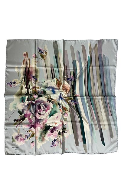 PİRAMİT 90cm X 90cm Pyramid Digital Printed Flower Patterned Gray Scarf - Es-02