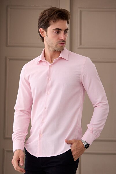 RAVANELLI Erkek Pembe Uzun Kol Slim Fit Dar Kesim Klasik Yaka Desenli Pamuklu Gömlek