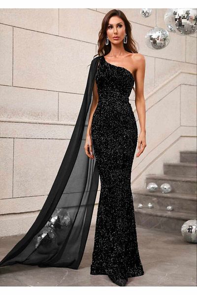 SELİN MODA EVİ One Shoulder Chiffon Cloak Velvet Dress