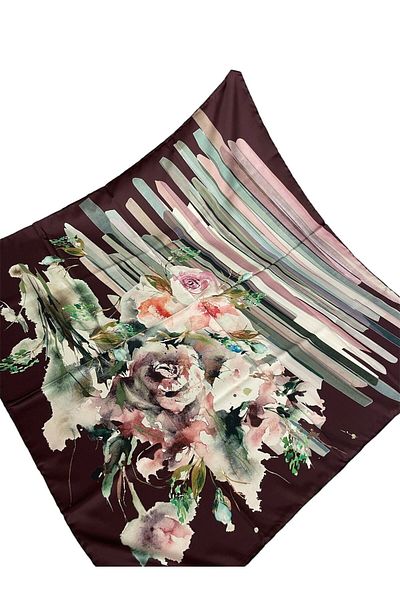 PİRAMİT 90cm X 90cm Pyramid Digital Printed Flower Patterned Coffee Scarf - Es-01