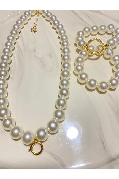 PD GRUP İnci Yeni Kilit Sistem Kolye & Çeyrek Çerçeveli Incili Ikili Dorika,çeyrek Altın Uyumlu Bileklik Set