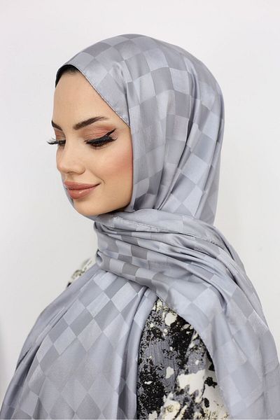 Trablus Checkerboard Patterned Hijab Women's Silky Jacquard Shawl