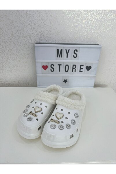 Akınal Bella White Stoned Women's Winter Slippers