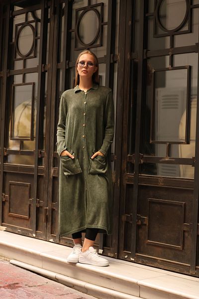 AYASOFYA OTANTIK Khaki Colored Women's Knitwear Long Cardigan - Button Closure and Bag Pocket