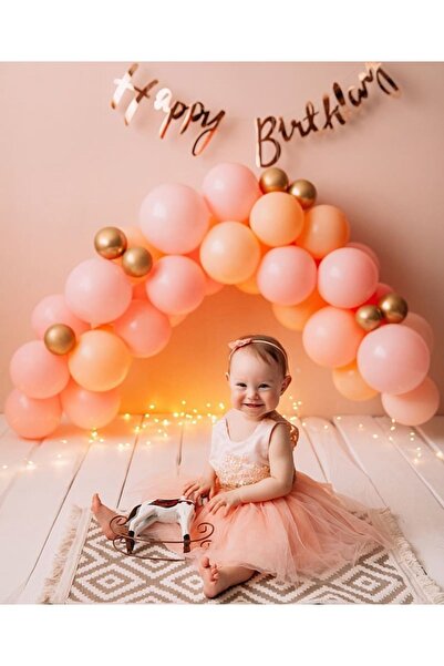 Çemrek Süs Parti Pink Salmon Rose Chrome Balloon Chain and Rose Happy Birthda...