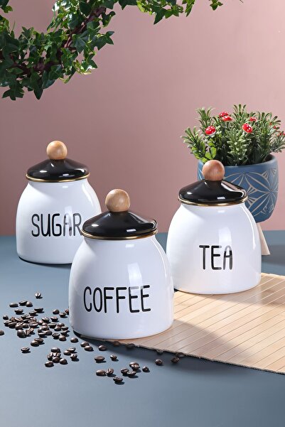Akkoyunlu home Emaye 3'lü Sugar-Tea-Coffe Kavanoz Takımı Emaye Kavanoz Seti 3...