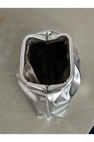 mossi Women's Silver Shiny Faux Leather Strap Clutch Daily and Evening Dress Bag