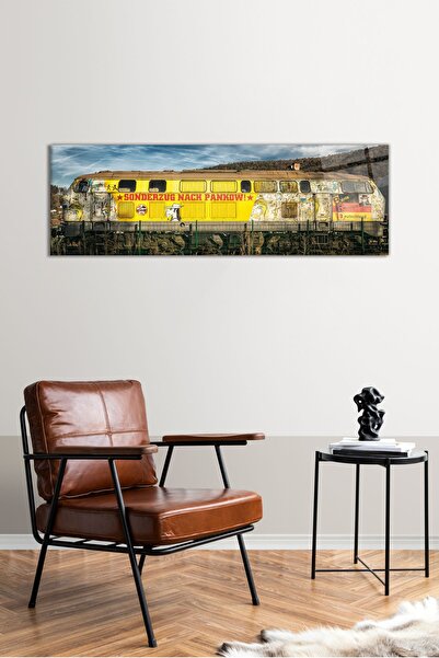 Vosevu Sarı Retro Tren Panoramik Cam Tablo, Modern Ev ve Ofis Dekoru, Hediyelik Duvar Dekorasyonu